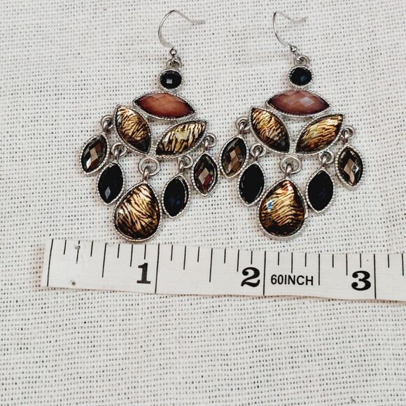 Chandelier Dangle Earrings Animal Print Gold Black Tan Faceted Lightweight - Picture 5 of 6